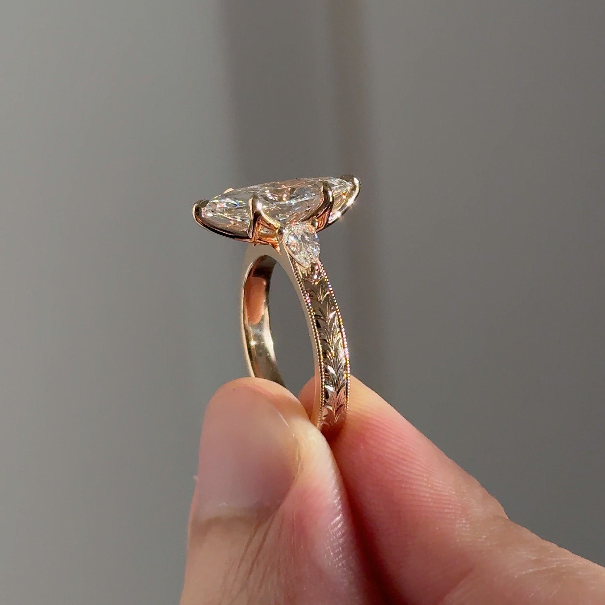Three Stone Hand Engraved Marquise Ring