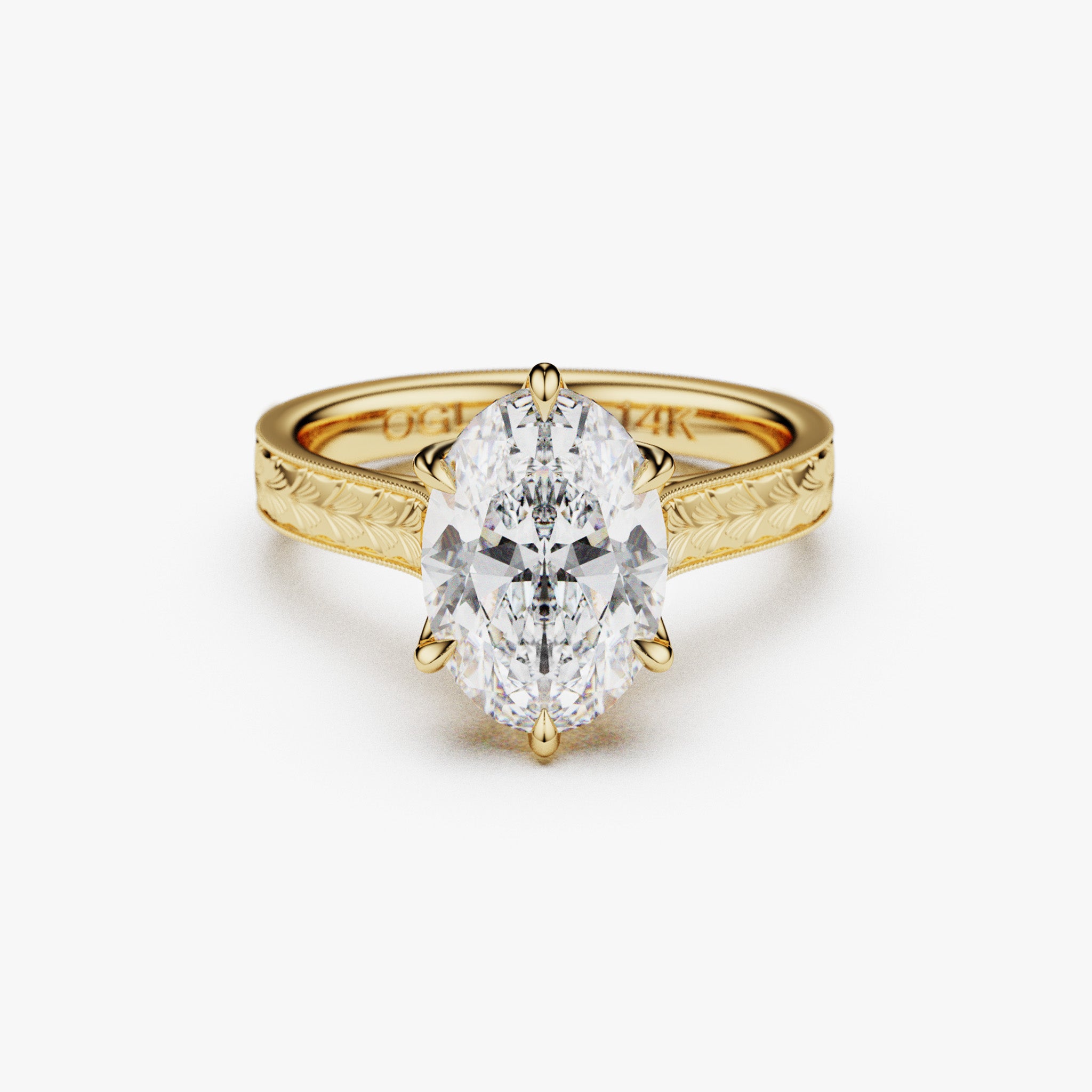 Floral Hand Engraved Oval Engagement Ring