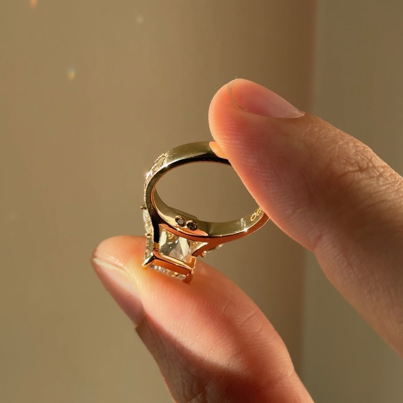 Three Stone Hand Engraved Radiant Engagement Ring