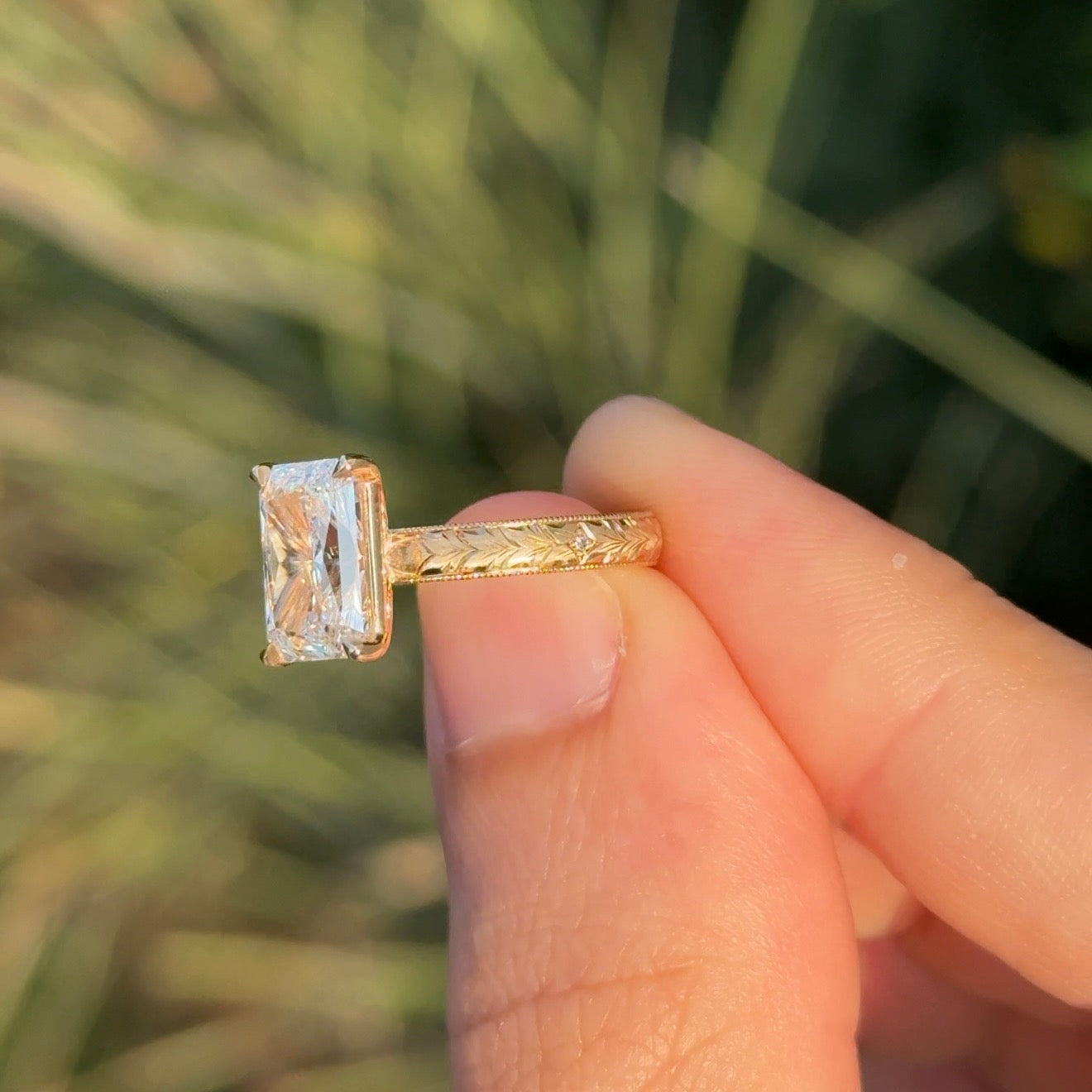 Hand Engraved Solitaire Radiant Engagement Ring