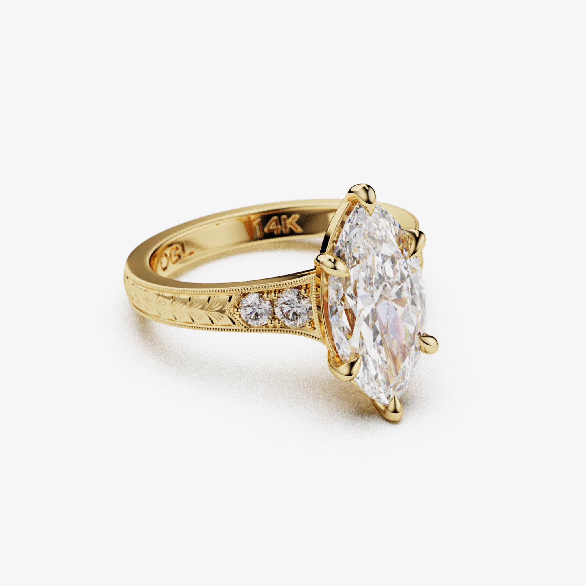 Tapered Hand Engraved Marquise Engagement Ring