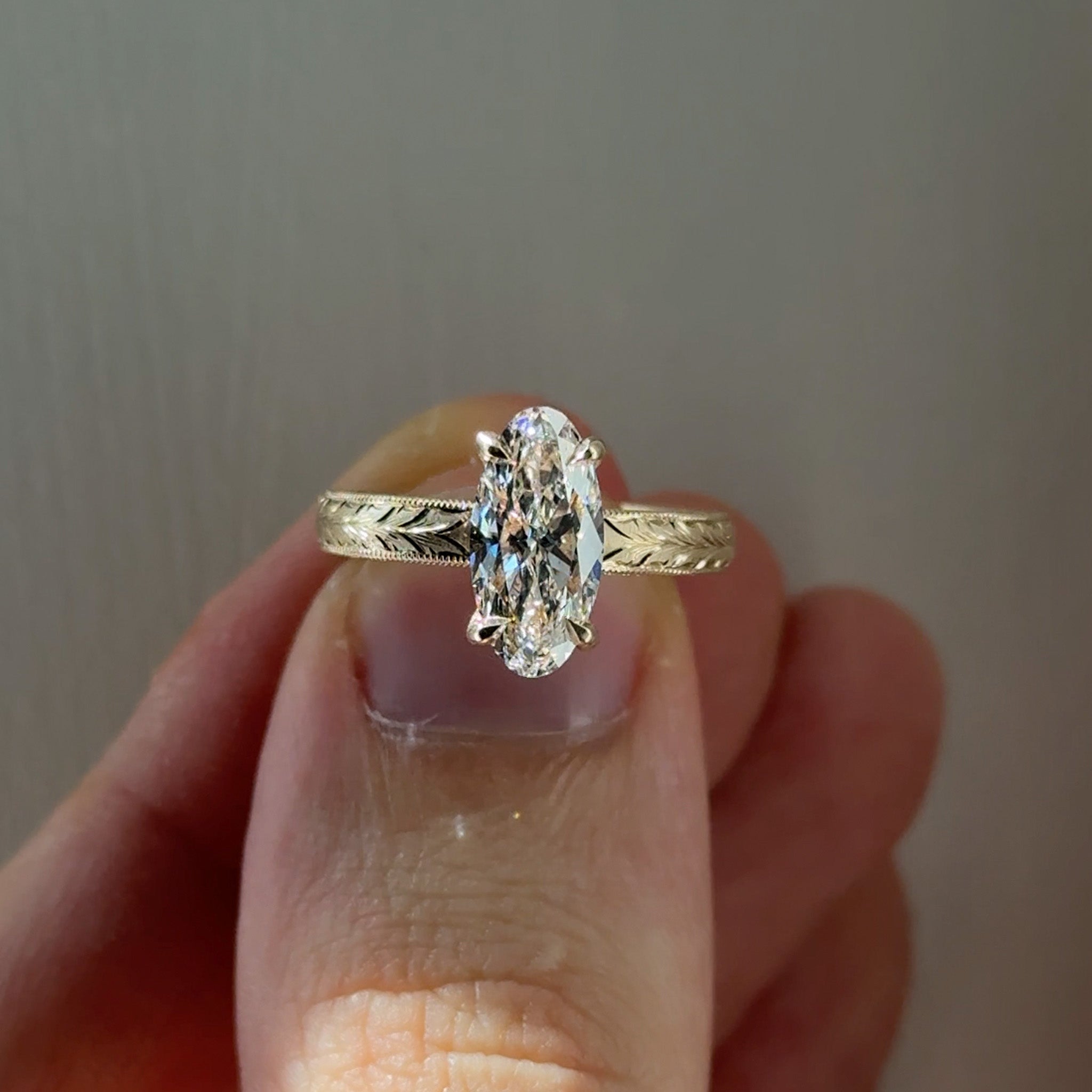 Hand Engraved Matte Solitaire Moval Ring