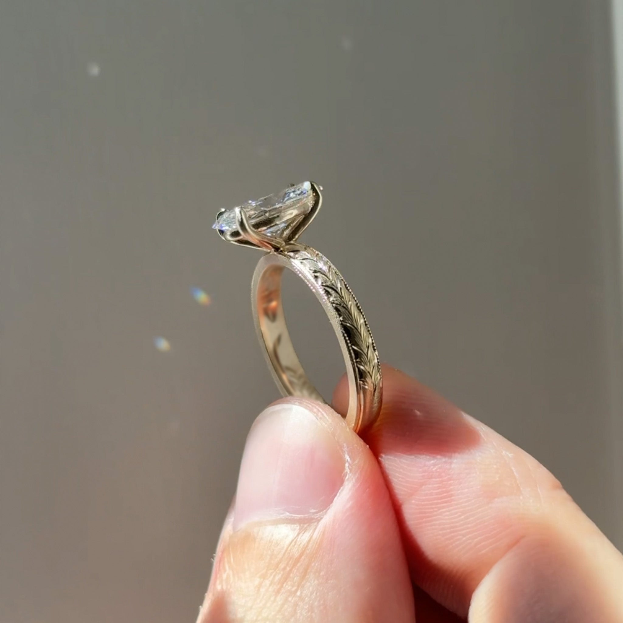 Hand Engraved Matte Solitaire Moval Ring