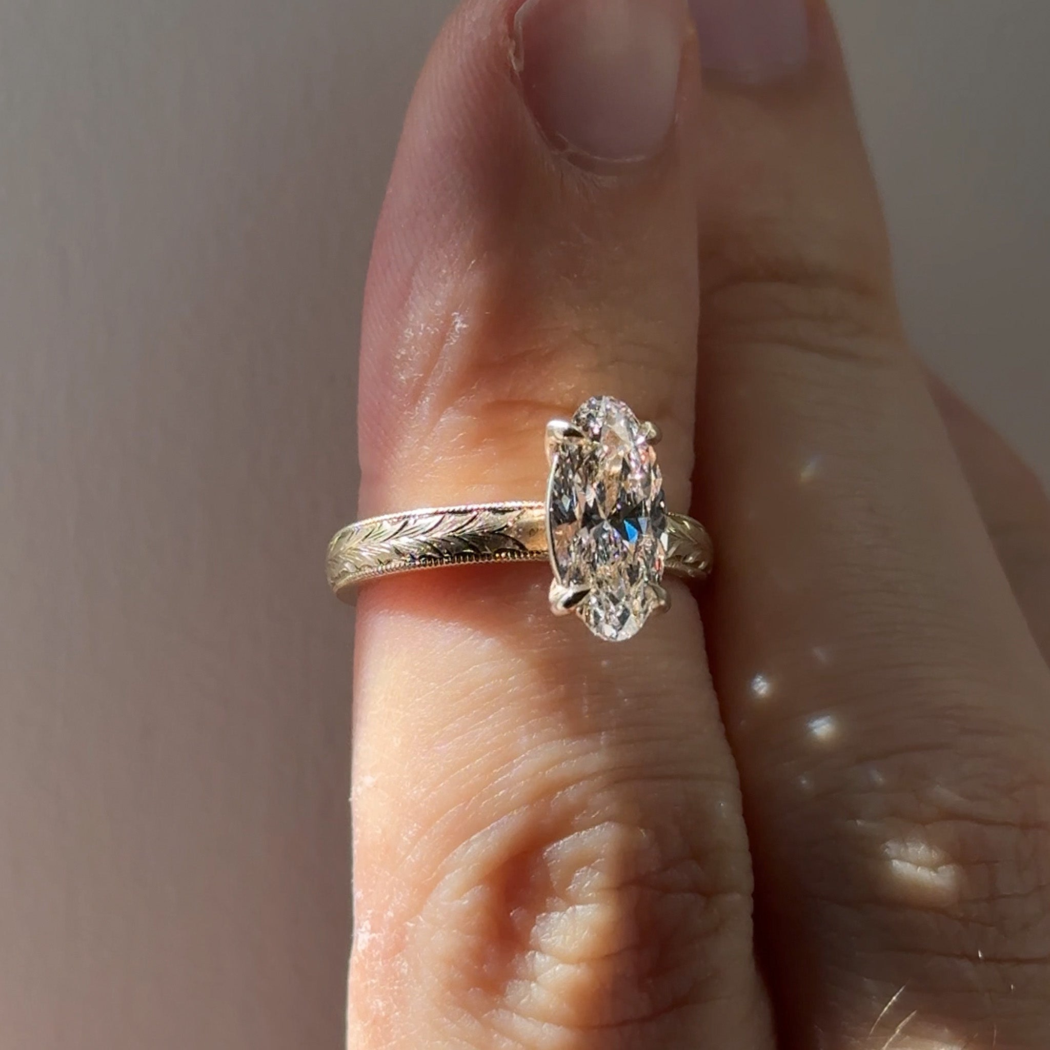 Hand Engraved Matte Solitaire Moval Engagement Ring