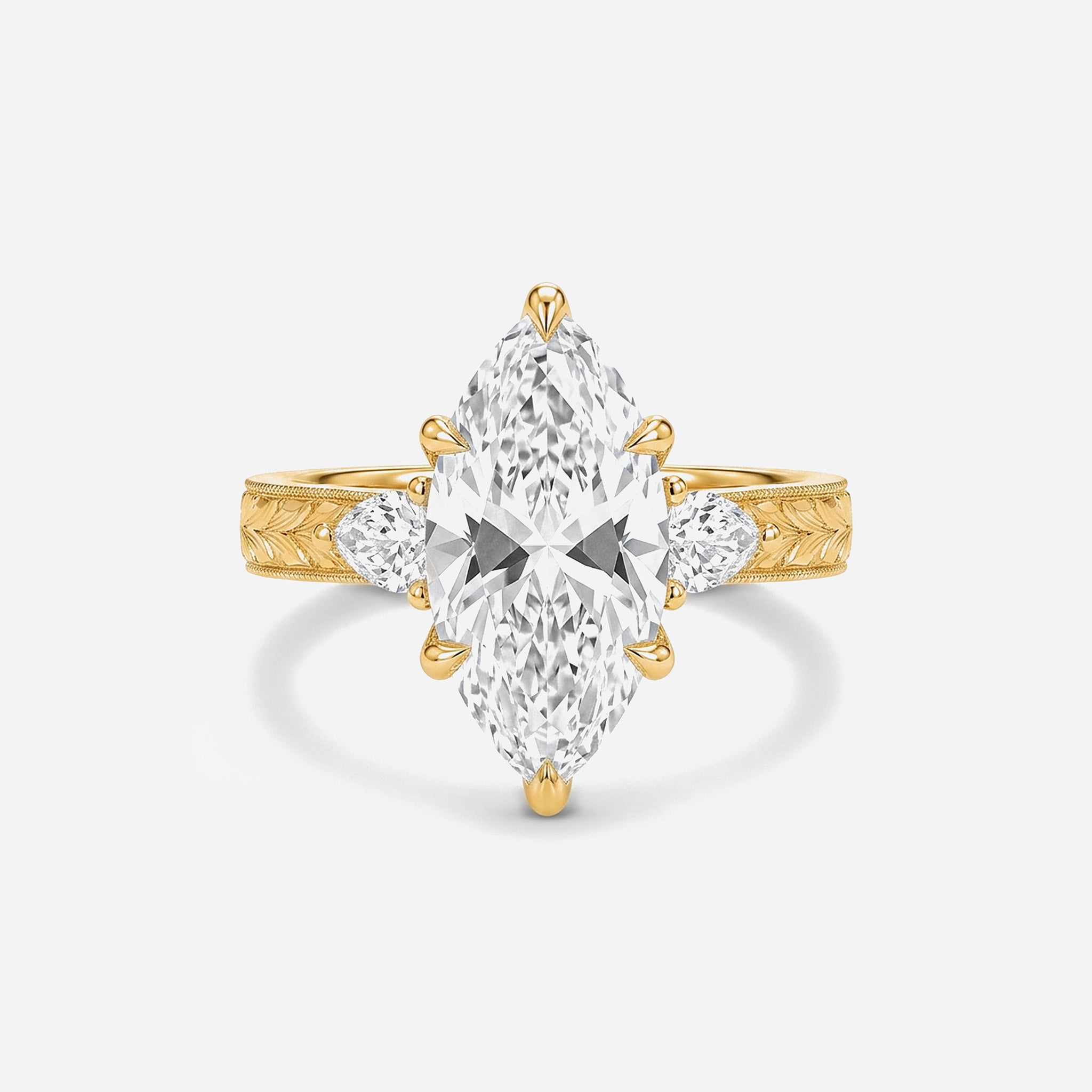Three Stone Hand Engraved Marquise Ring