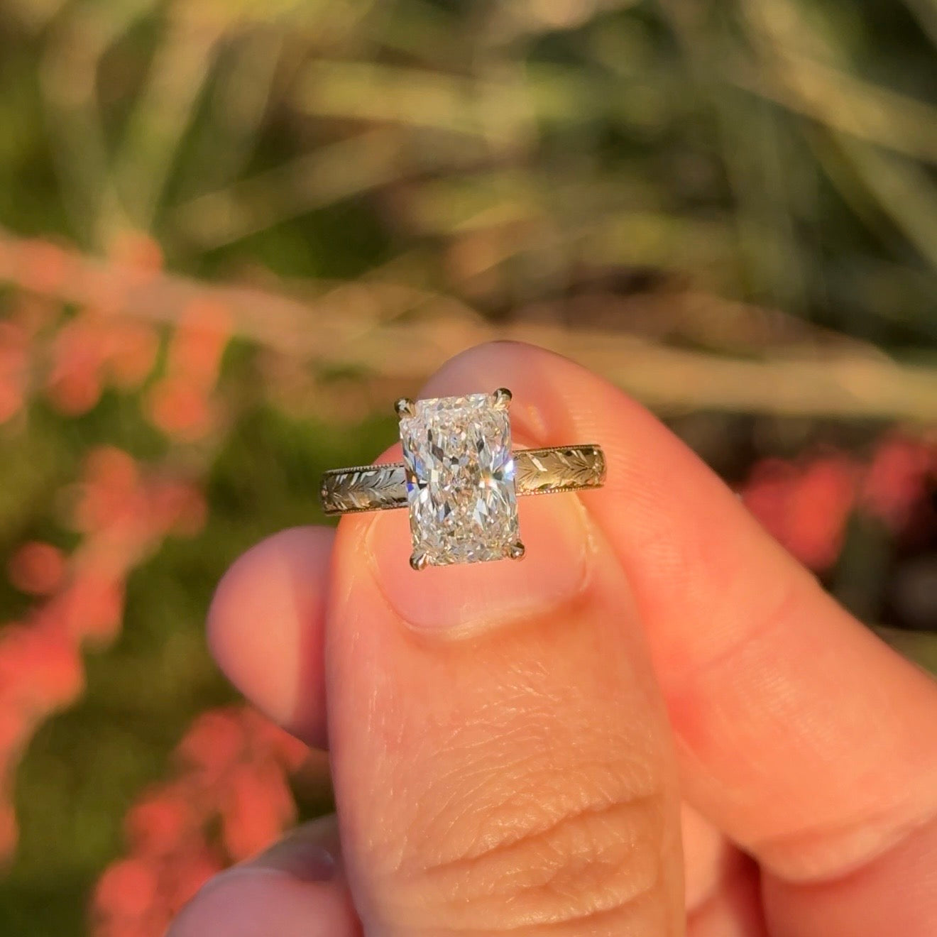 Hand Engraved Solitaire Radiant Engagement Ring