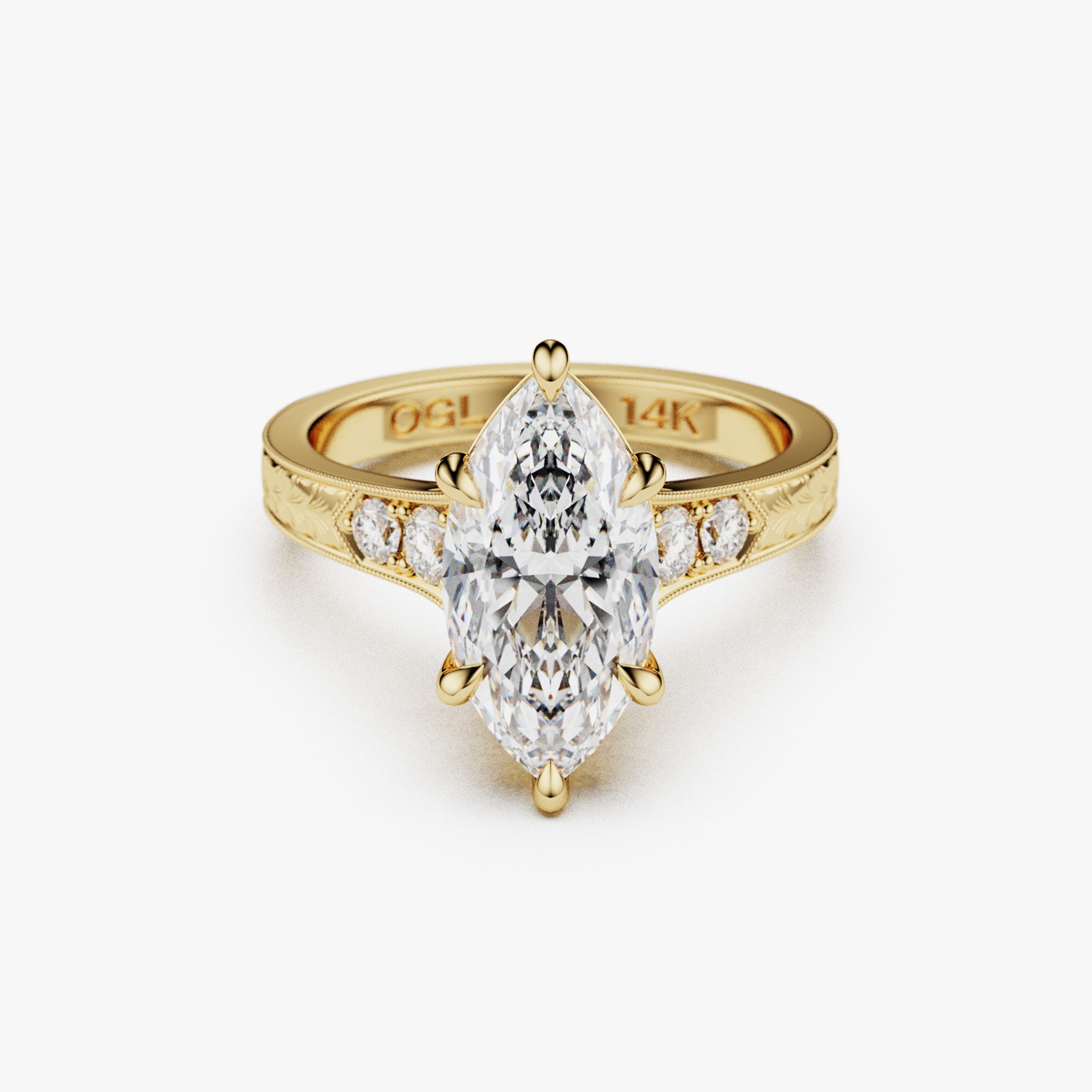 Tapered Hand Engraved Marquise Engagement Ring