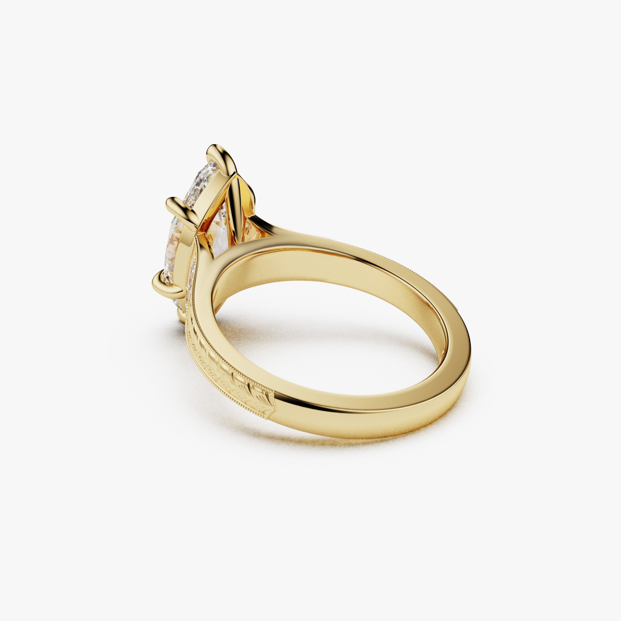 Tapered Hand Engraved Marquise Engagement Ring